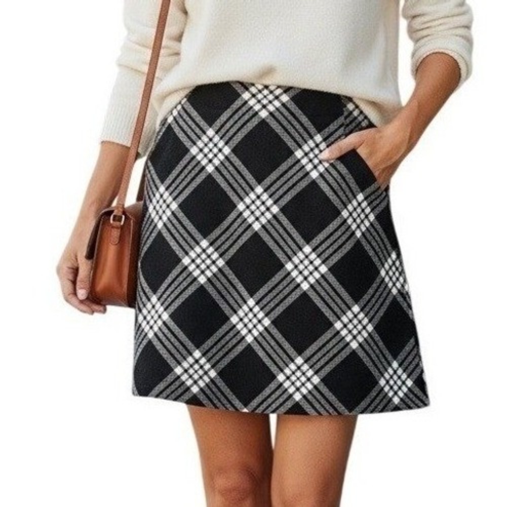 Talbots Black White Plaid A Line Wool‎ Skirt Size 6 Classic Preppy Mini NWT
